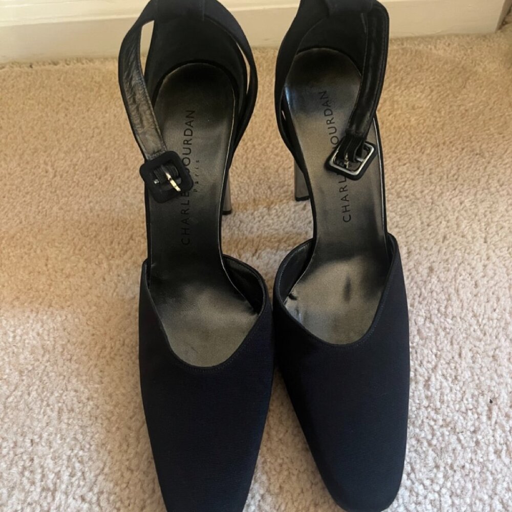 Charles Jourdan 8.5 Women's Black Vintage 1990s Pumps with Silver Heel